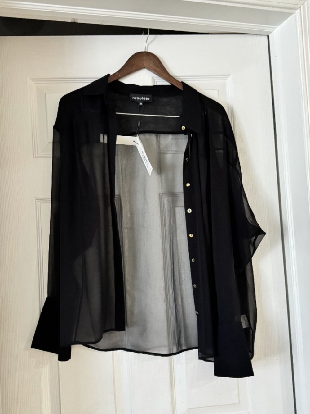 Retrofete Ramona Silk Chiffon Shirt Black M NWT Sheer - Picture 4 of 7